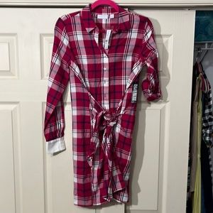 NY&C Long-Sleeve Pink/Navy White Plaid Button-down Dress. Size-XS. New with Tags